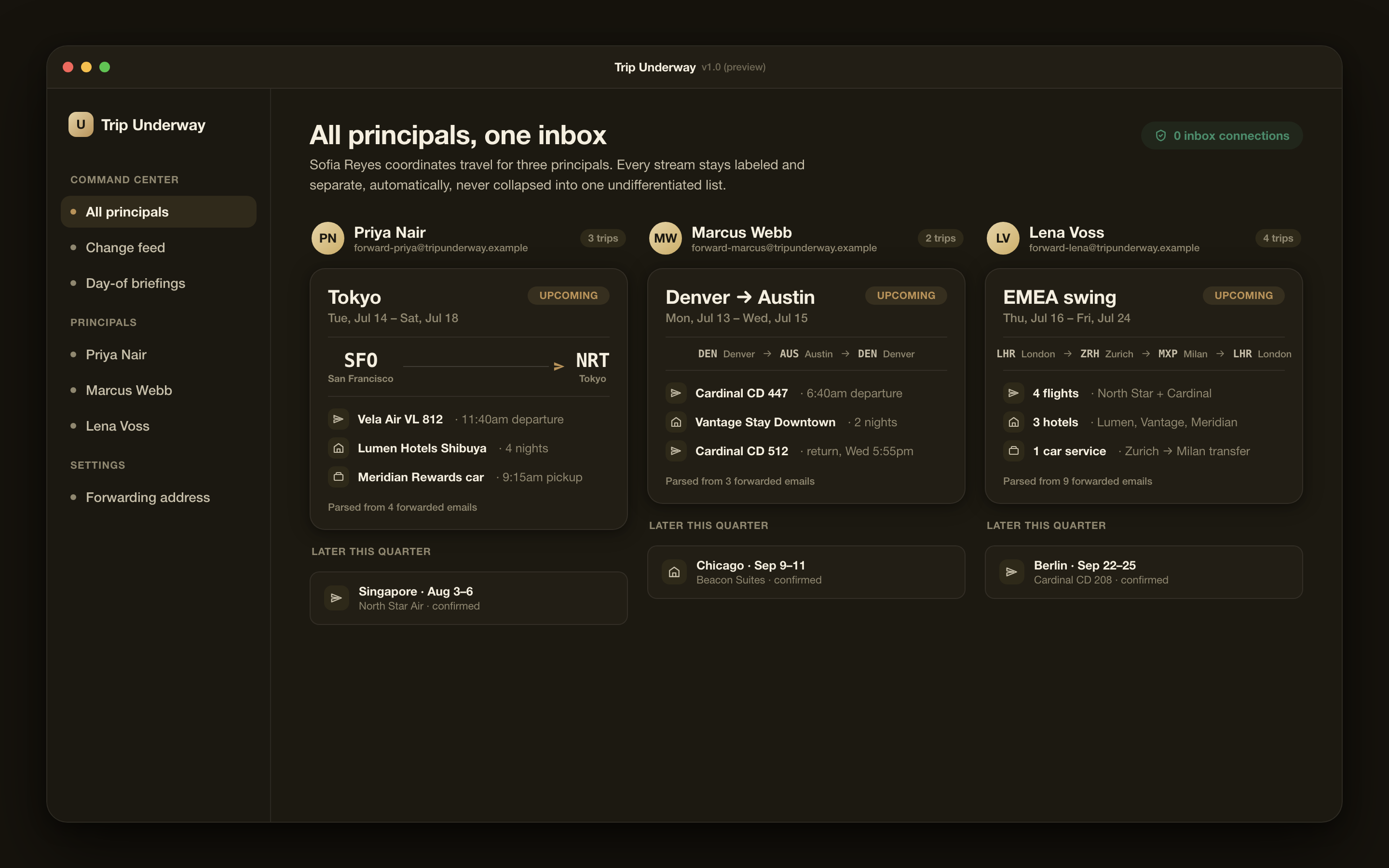Trip Underway command center in dark mode showing three labeled traveler columns