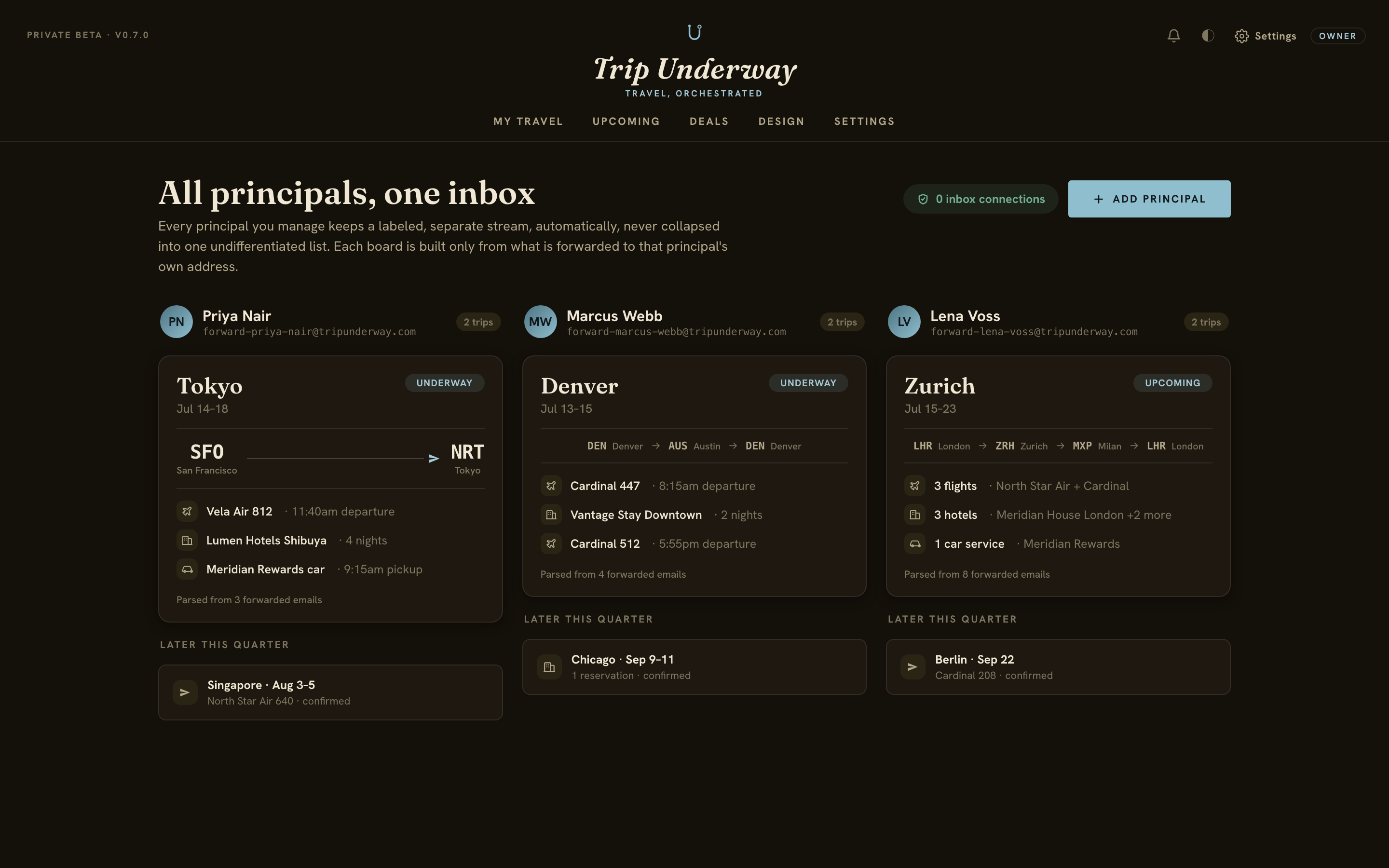 Trip Underway command center, dark theme
