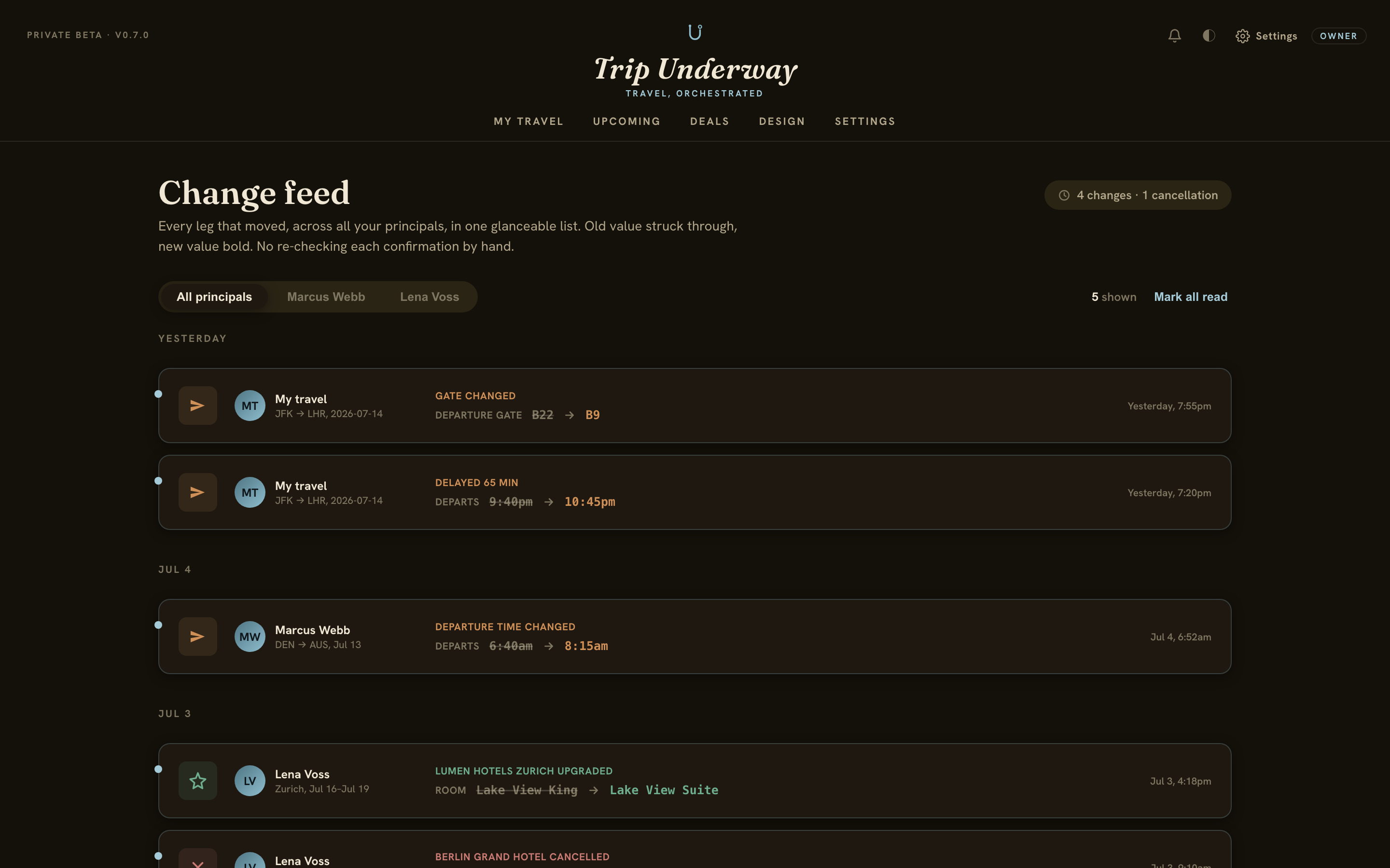 Trip Underway change feed, dark theme
