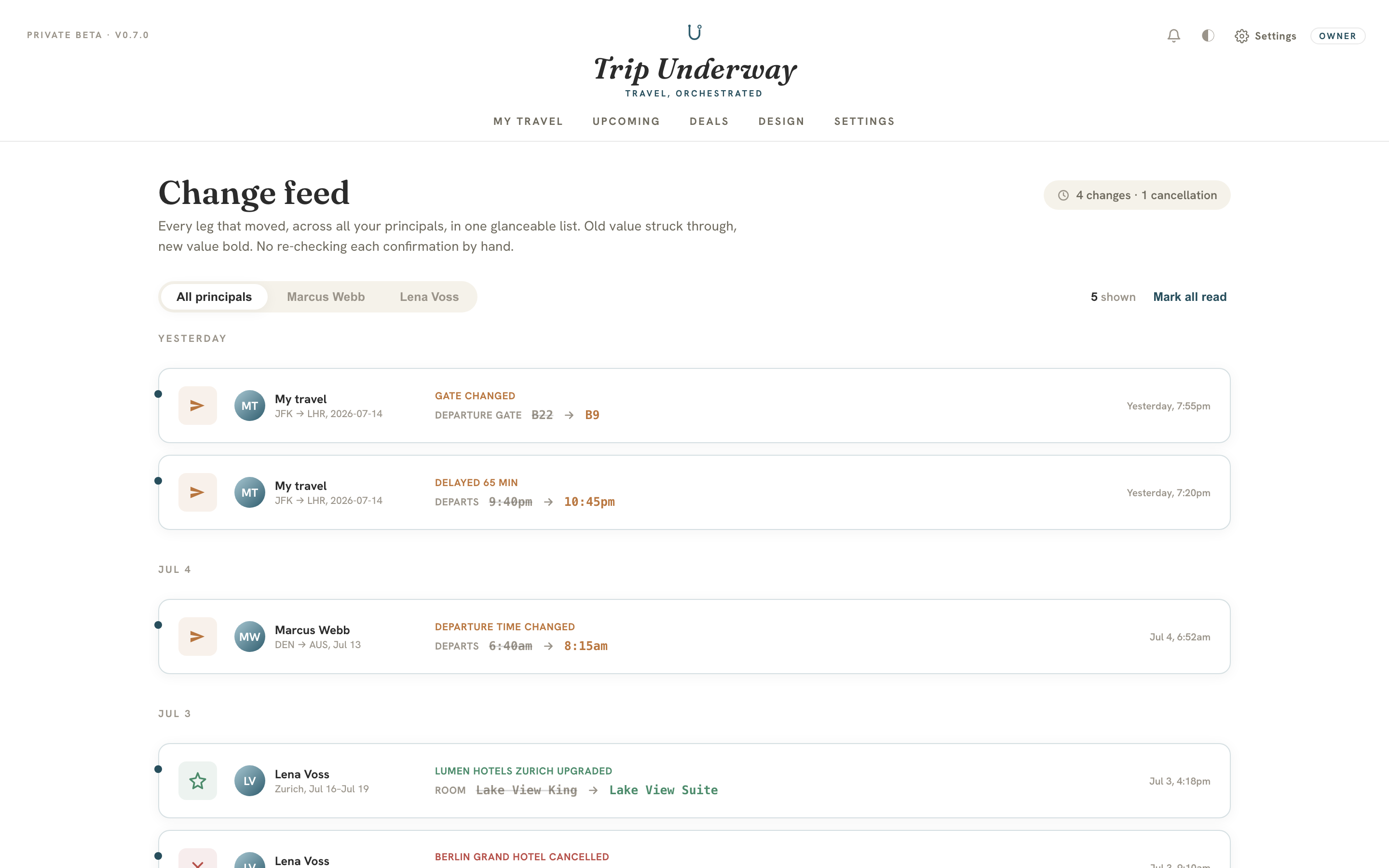 Trip Underway change feed showing dated diff cards for schedule changes and cancellations
