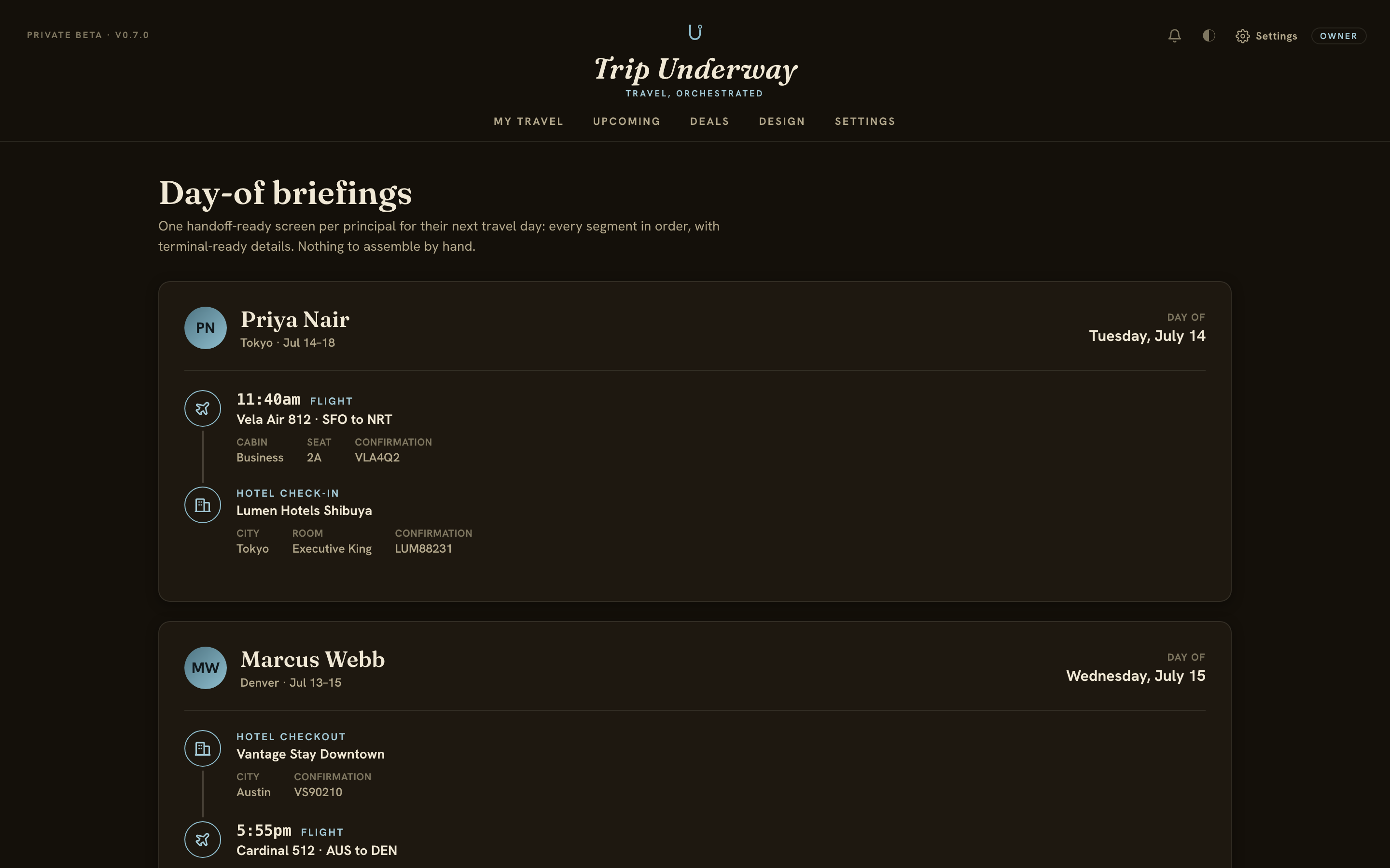 Trip Underway day-of briefing, dark theme