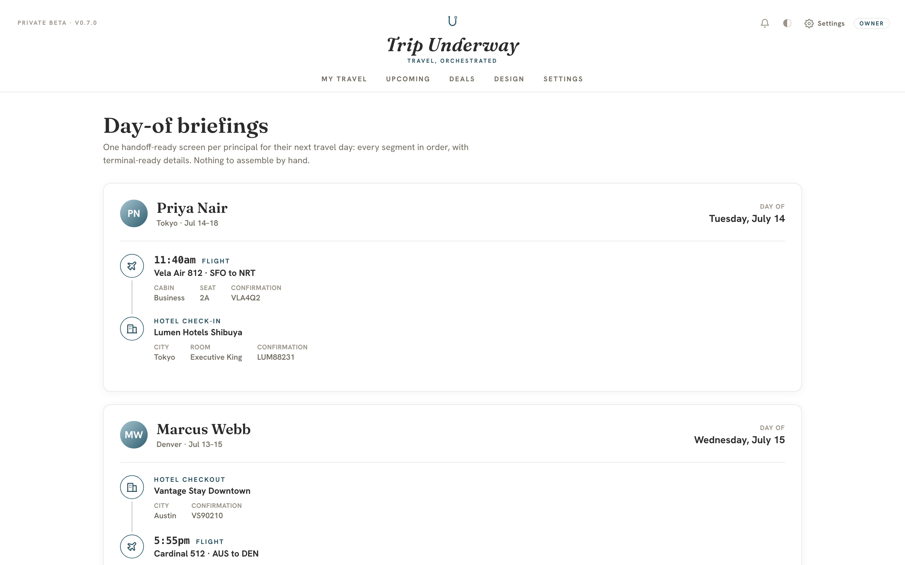 Trip Underway day-of briefing summarizing a principal's full travel day on one page