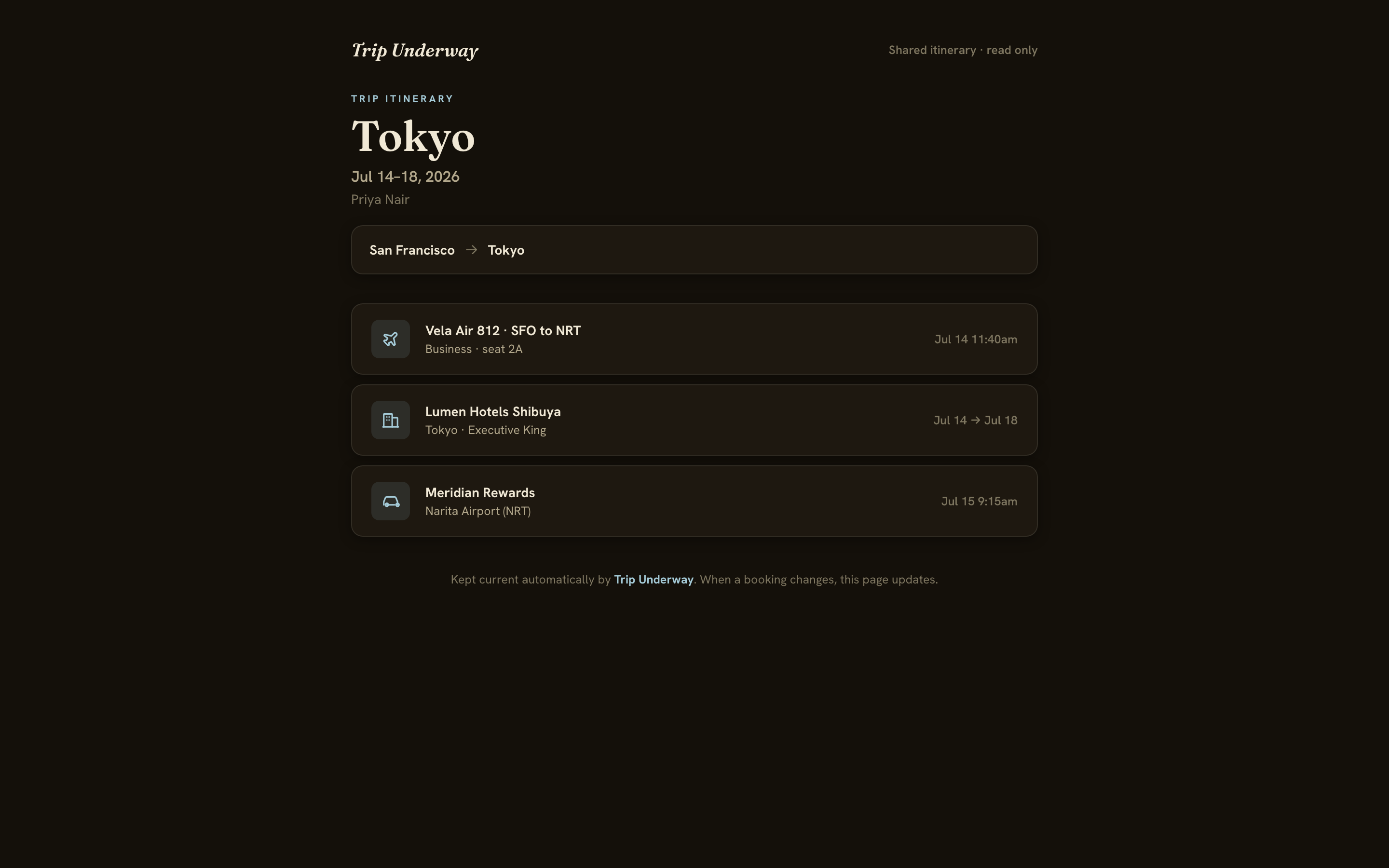 Trip Underway shareable itinerary page, dark theme