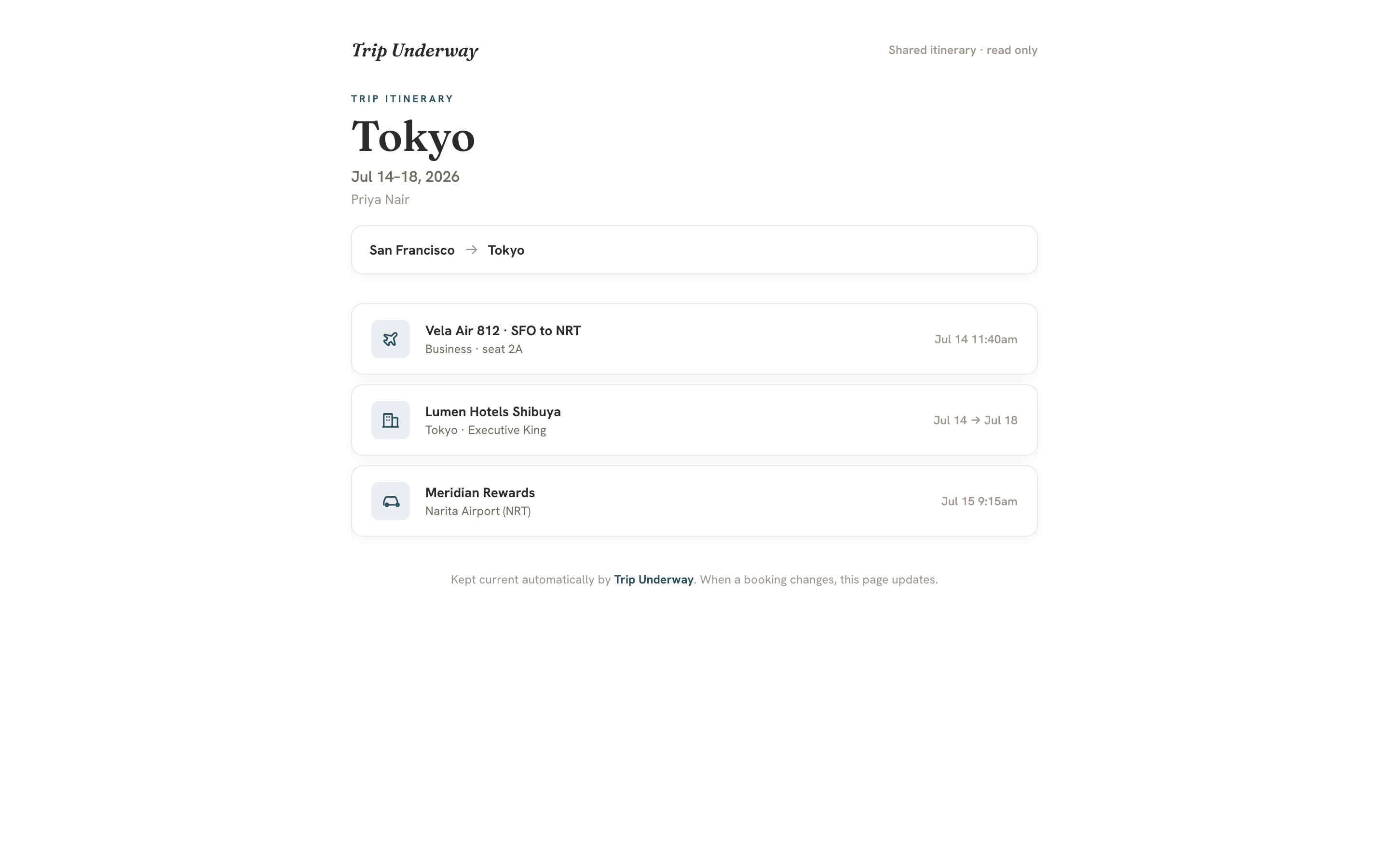 Trip Underway shareable itinerary page, a branded auto-updating link for the traveler