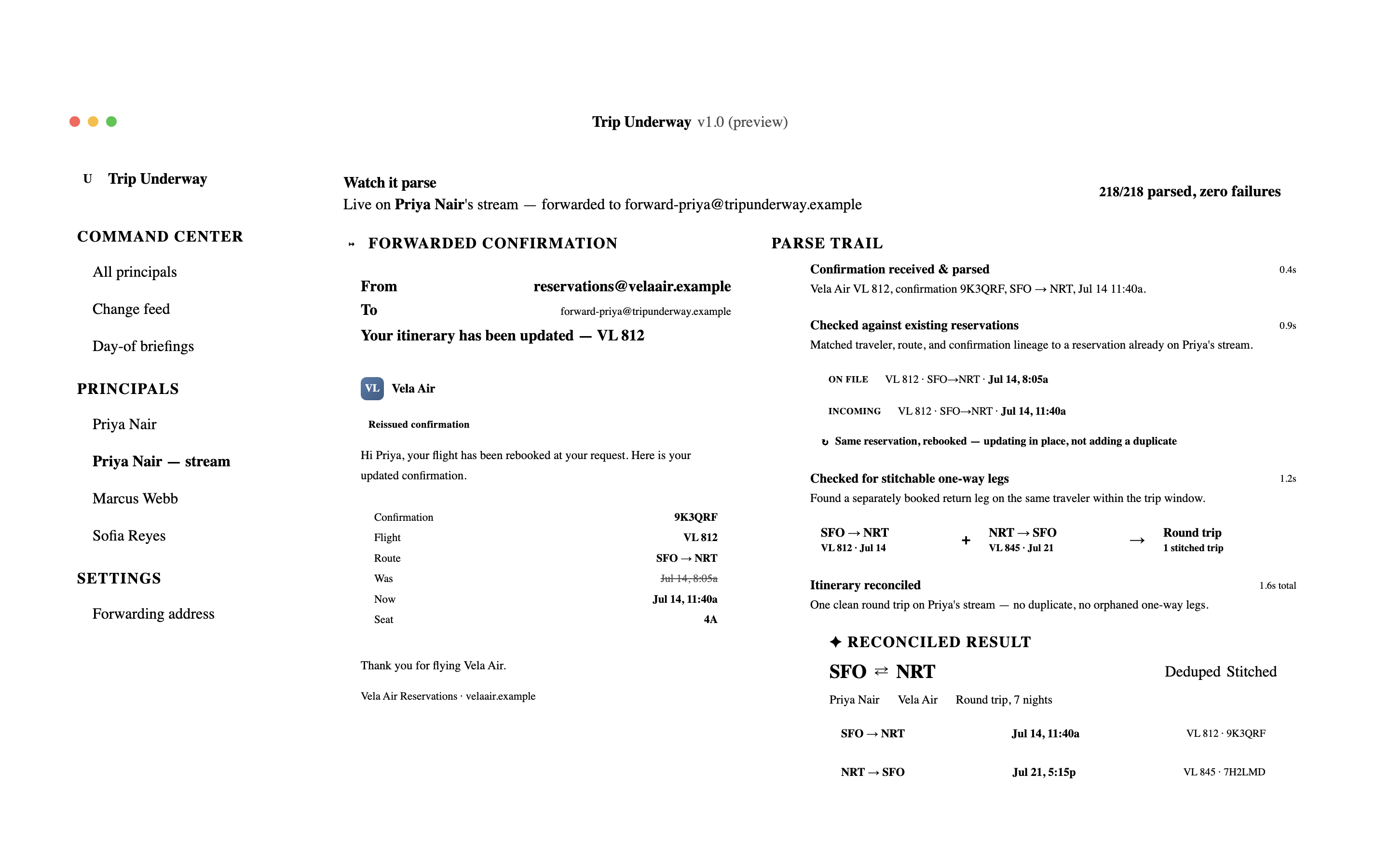 Trip Underway parsing a forwarded confirmation email into a clean, filed itinerary card