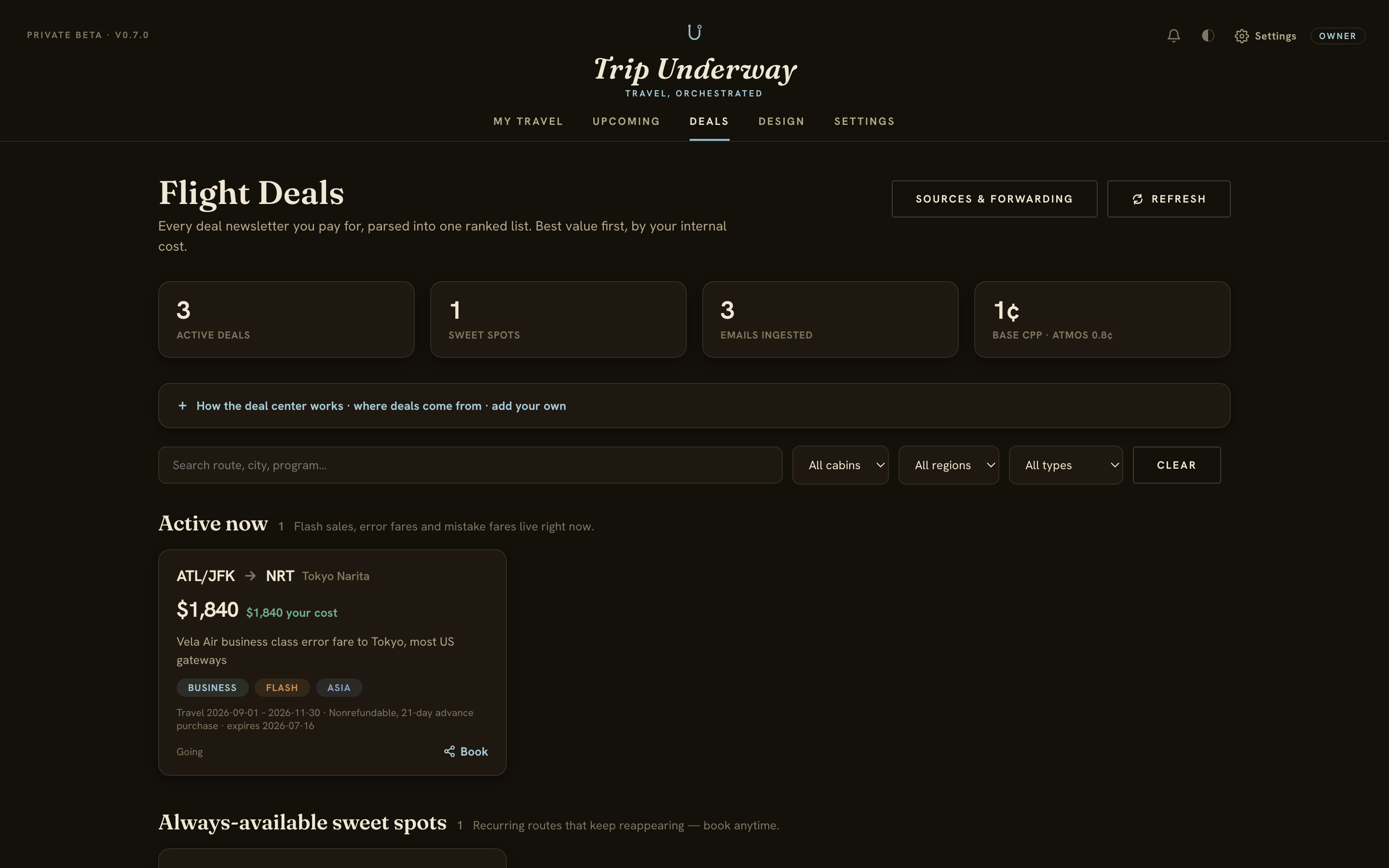 Trip Underway Deal Center, dark theme