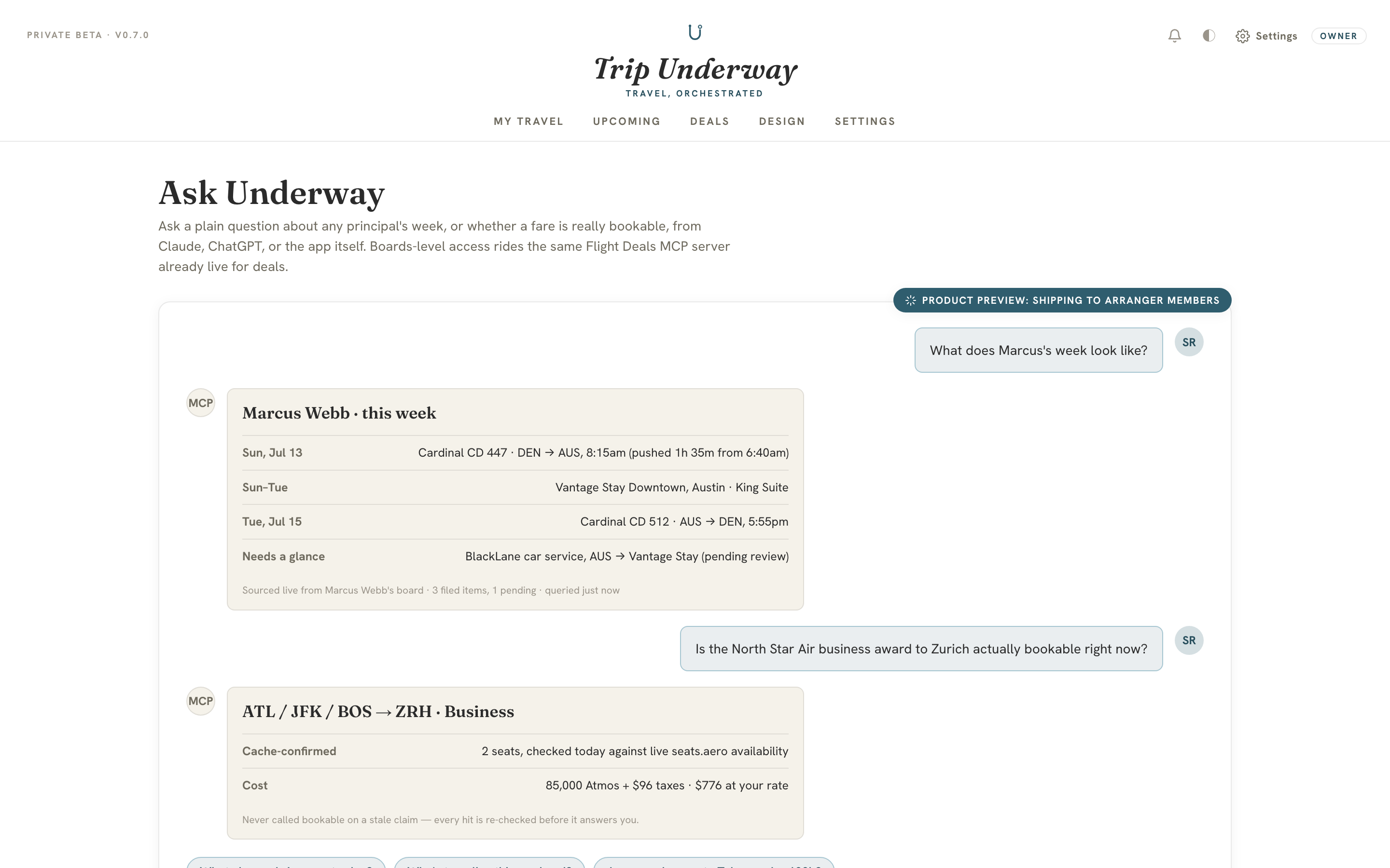 Still being built: Ask Underway, a chat answering a question about a principal's board, shipping to Pro members